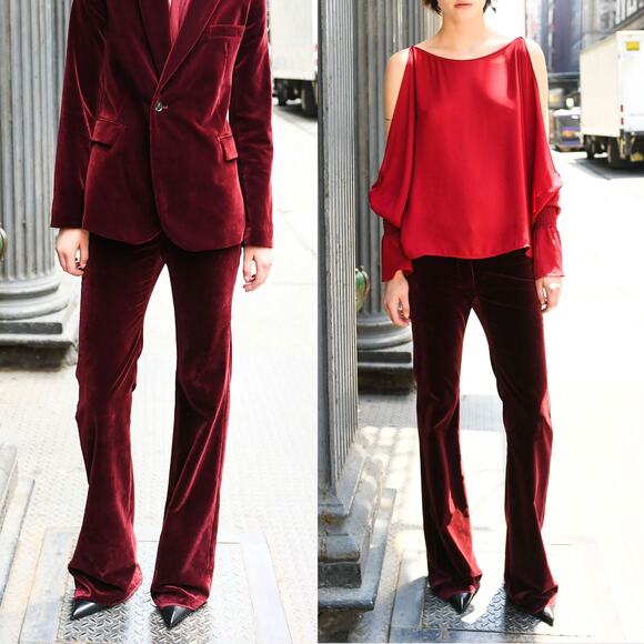 NILI LOTAN Derek Cotton Velvet Flared Pants in Burgundy Red Size 6 - Picture 1 of 10
